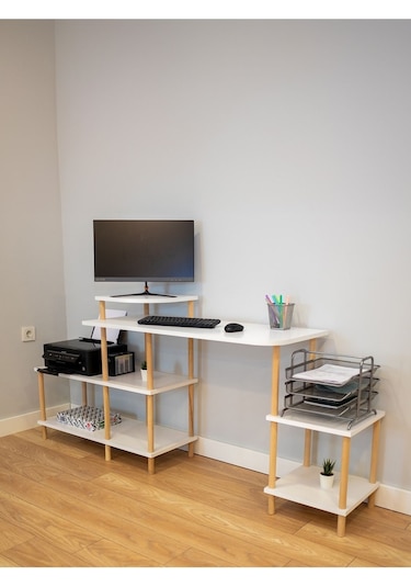 Çalışma Masası 5 Raflı Ahşap Ayaklı Dekoratif Modern Bilgisayar Ofis Masası - Beyaz - Köşe