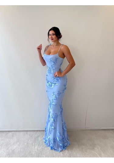 Mavi Ayarlanabilir Askılı Çiçekli Astarlı Maksi Bebek Mavi