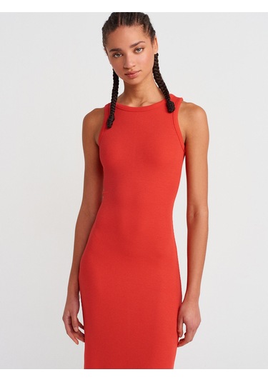 Dilvin 91381 Yırtmaç Detaylı Midi Boy Elbise-kırmızı Kırmızı