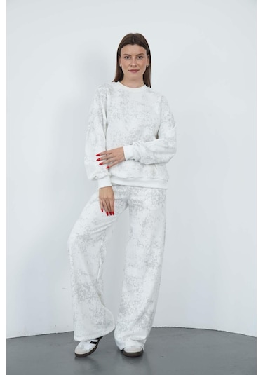 Penyebizden Oversize Sweatshirt & Geniş Paça Eşofman Altı Takım-ekru-gri Baskılı