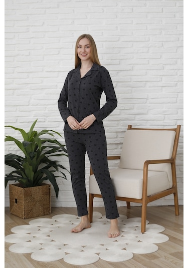 Fames Pijama Uzunkol Düğmeli Penye Pijama Takimi Kalpli Siyah