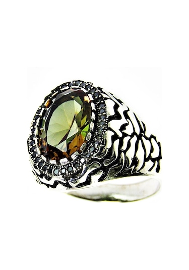 Zultanit Oval Taşlı Yanları Siyah Taşlı Gümüş Erkek Yüzük