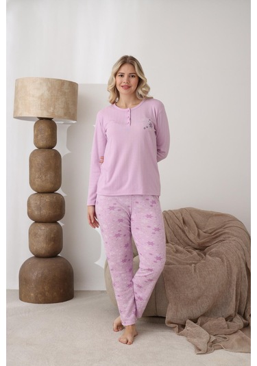 Lindros Kadın Pamuk'lu Düğme Yaka Raporlu İnterlok Kışlık Pijama Takımı 05163 - 1 Adet Gül Kurusu