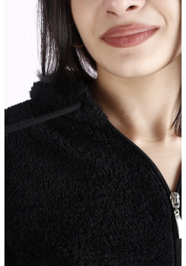 Kadın Siyah Peluş Yumoş Fermuarlı Kapüşonlu Cepli Welsoft Ceket 22kckteres 001