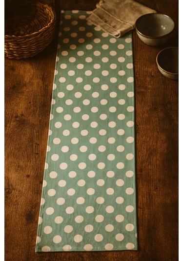 Su Yeşili Puantiyeli Pamuklu Şık Masa Runnerı 50x150 Cm Modern Ve Zarif Masa Örtüsü Runner Su Yeşili Puantiyeli