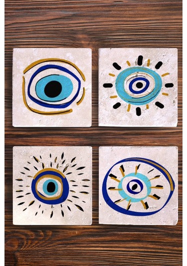 Taş Bardak Altlığı Nazar Boncuğu Baskılı 4'lü Set Çok Renkli