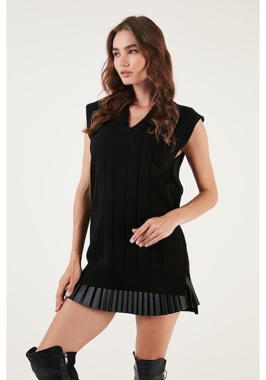 Lela V Yaka Arkası Uzun Triko Bayan Süveter 4616088Y Siyah