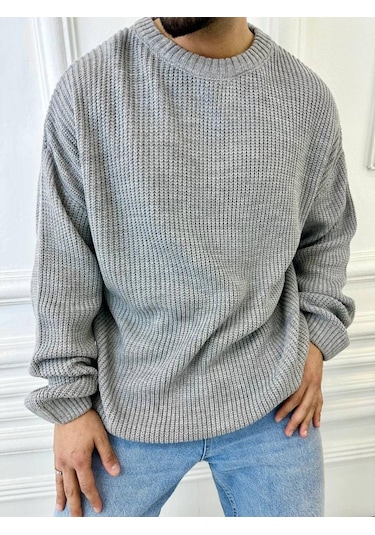 Kazak Oversize Çift Kat Örme Naturel Pamuk Bol Kesim Tüylenmeyen Salaş Triko Kazak Gri