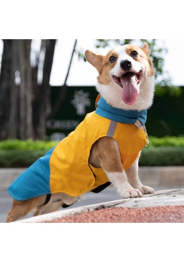 Vkemall Köpekler İçin Dışarıda Kullanıma Uygun Su Geçirmez Yağmurluk, Yansıtıcı Çizgili, Ayarlanabilir Fitli Outdoor Mont Mavi-sarı, Xs