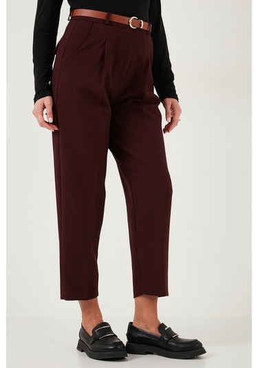 Lela Regular Fit Yüksek Bel Düz Paça Kemerli Bayan Pantolon 68350938 Mürdüm