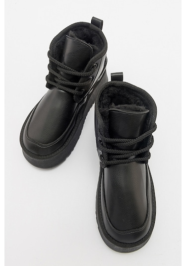 Luvishoes Ovela Siyah Cilt Kalın Taban Bğcklı Kadın Spor Bot Sıyah Cılt