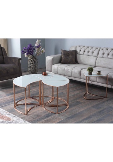 Premium Modern Yuvarlak Sehpa 6 Lı Takım Beyaz Bronz Mdf