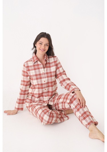 Nbb Kadın Tarçın Önden Düğmeli Çizgili Pijama Takımı Tarcın