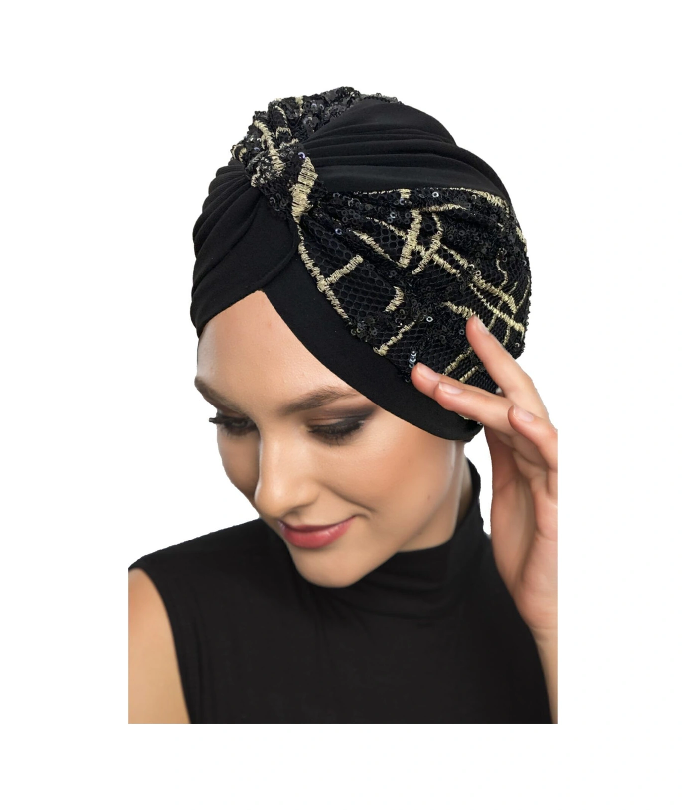 Özel Tasarım Siyah Bej-siyah Pullu Fileli Etnik Desenli Astarlı Hazır Türban Tesettür Abiye Bone Siyah16