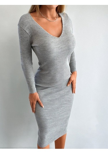 Nnstartshopping Kadın Uzun Kollu V Yaka Triko Elbise Gri
