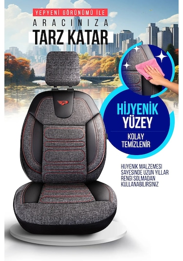 Siyah - Kırmızı Panda Atlanta Serisi Keten Kumaş Oto Koltuk Kılıfı - Tam Set