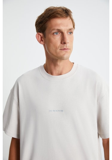 GRIMELANGE Rıver Erkek Oversize Fit Bol Kesim Nakış Işlemeli Basic Örme Taş Rengi T-shirt Taş Rengi