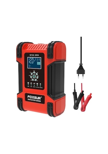 Besthome1 Foxsur 12v 24v 12a Araç Pil Şarj Cihazı 7 Aşamalı Darbe Bakım Kırmızı