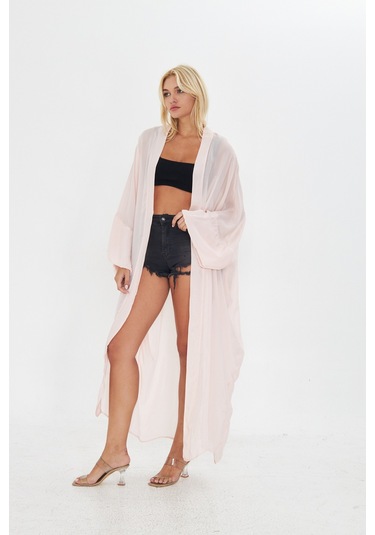 Kutaf Pudra Pembe Uzun Soft Kimono Açık Kahverengi