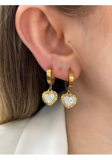 İncili Kalp Kararmaz Küpe Çifti Altın