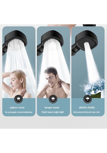 Üç Modlu Su Akışı Ayarlanabilen Yüksek Basınçlı Duş Başlığı Siyah