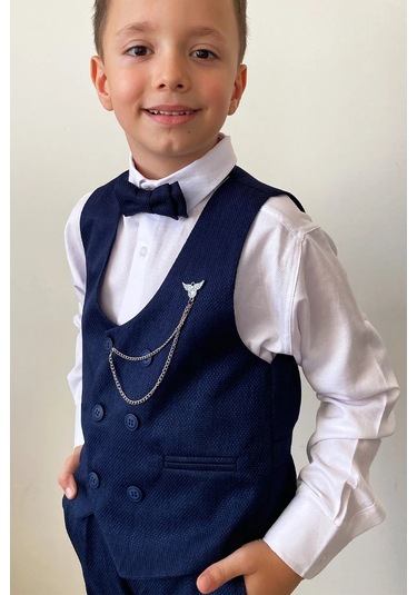 Erkek Çocuk Takım Elbise Papyonlu Yelekli Takım Elbise Lacivert
