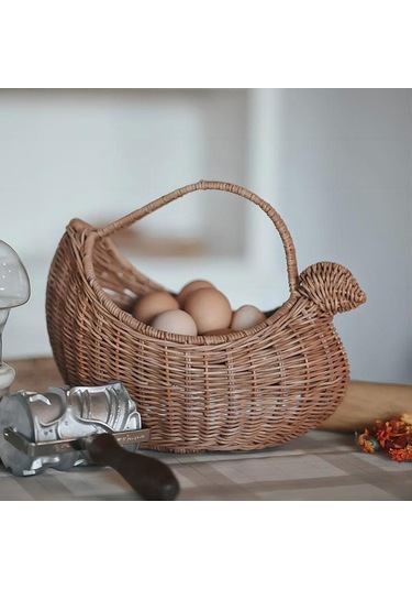 Pazly Suntek Rattan Yumurta Depolama Sepeti Tavuk Şeklinde Rustik Kahverengi Kahverengi