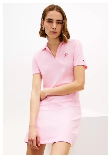 Kadın Normal Kalıp Polo Yaka Logo İşlemeli Kısa Kollu Pembe Elbise Pembe