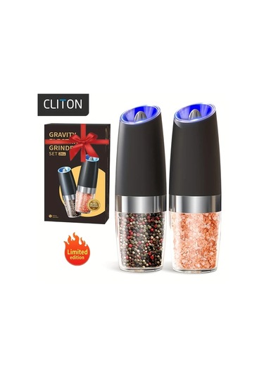 Honeybeeshop 2 Adet Siyah Plastik Gövdeli Elektrikli Tuz Karabiber Değirmeni Otomatik Öğütme Led Işıklı Ahşap