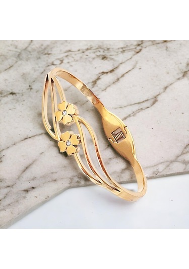 Yonca Temalı Kararmaz Anti Alerjik Gold Çelik Kelepçe Bileklik Şıklığınıza Şans Katın Altın
