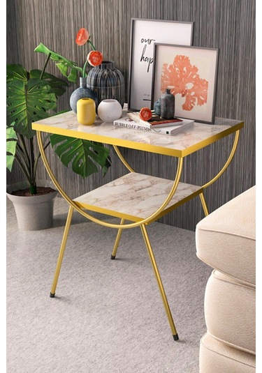 Yan Sehpa Komodin Metal Ayak Gold Efes 1984 Beyaz Mermer Desen