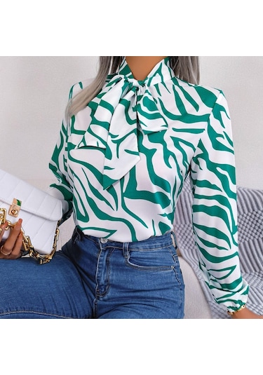 Gmxıa Kadın Modası Rahat Yaz Uzun Kollu V Yaka Bluzlar Ve Mizaç Kontrast Renkli Çizgili Şifon Gömlek Fener Kollu Gömlekler Yeşil