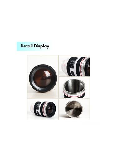 Kosona Kamera Lens Tasarım Termos Bardak, 400ml Paslanmaz Çelik, Dökülme Engeli, Fotoğraf Severler İçin, Beyaz Beyaz
