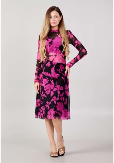 Explosion Uzun Kol Midi Şeffaf Elbise - Çiçek Desenli - Bohemian Stil Fuşya