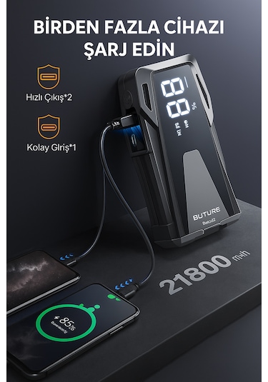 Buture BETA02 2500A 21800mah Taşınabilir Akü Takviye Kiti (Çanta + Led Lamba + Powerbank)