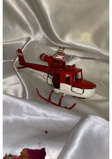 Metal Helikopter Dekoratif Maket El Yapımı Oyuncak Kırmızı Beyaz