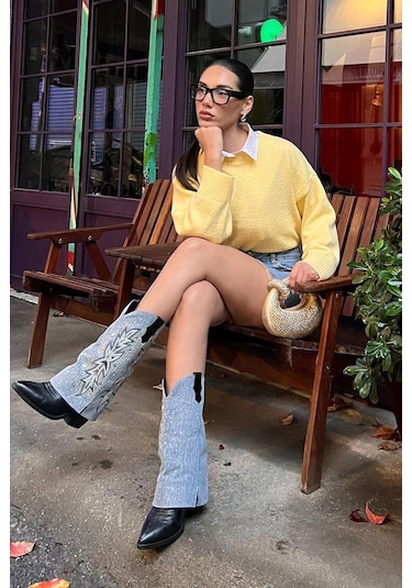 Sarı Bisiklet Yaka Oversize Triko Kazak Mg1972 Sarı