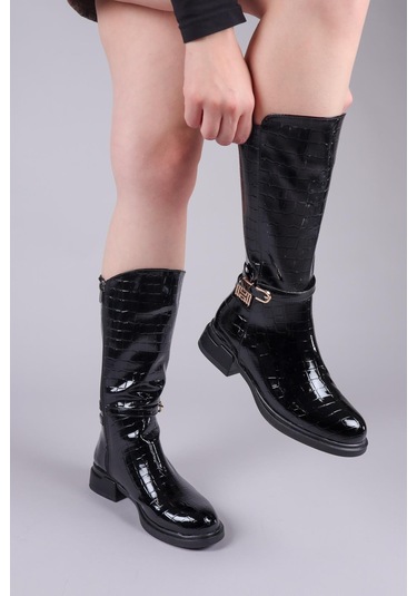 Bimini Gold Tokalı Kroko Rugan Yarım Çizme Siyah-8495 Siyah