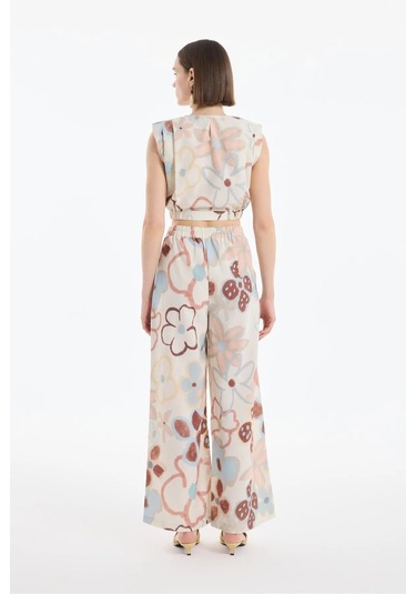 Büyük Pastel Çiçekli Vatkalı 80ler Lastikli Pantolon Crop Keten Yazlık İkili Takım Krem