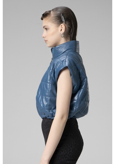 Mavi Dericlub Wm054 Gerçek Deri Kadın Şişme Yelek Mavi