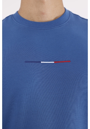 Rowinger Minimal Göğüs İşlemeli Rahat Kalıp Esnek Manşetli Mevsimlik Bisiklet Yaka Sweatshirt İndigo