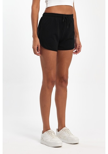 Kadın Yırtmaçlı Mevsimlik Premium Kumaş Regular Fit İpli Siyah Kısa Mini Şort