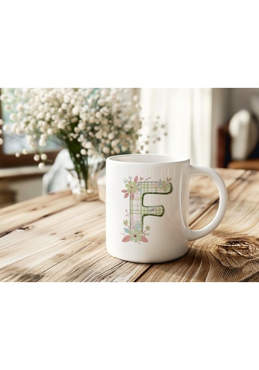 F Harfli Çiçek Desenli Kupa Bardak - Ekose Desenli Yeşil Pembe Desenli Tasarım - Kişiye Özel Hediye Beyaz
