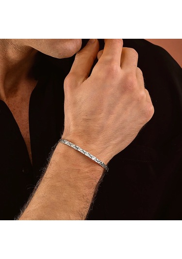 925 Ayar Gümüş Kabartmalı Unisex Kelepçe Bileklik Gümüş