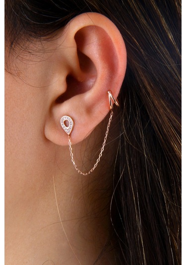 Argentum Concept 925 Ayar Gümüş Damla Figürlü Rose Zincirli Kıkırdak Küpe - K034901