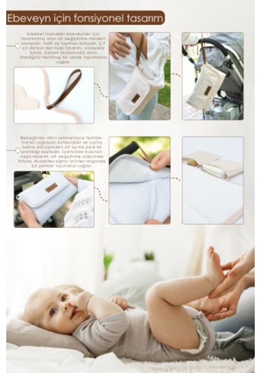 Mordesign Bebek Çanta Alt Açma Minderi, Alt Değiştirme Pedi, Taşınabilir Bakım Çantası, Clutch Seri,kahverengi Ekru Zg959-1 Ekru