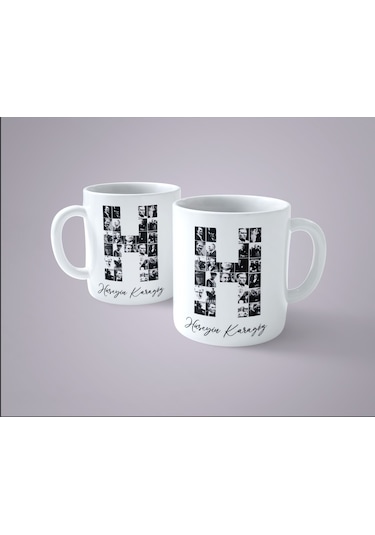 Kişiye Özel İsimli Atatürk Resimleri İle Bezenmiş H Harfi Baskılı Kupa Bardak