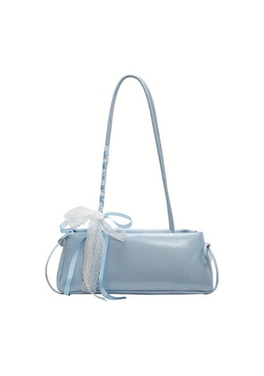 Dashanshop Mavi Fransız Çubuğu El Çantası Büyük Kapasiteli Pu Omuz Çantası Kurdele İş Mavi