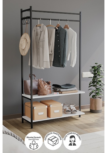 Bofigo Konfeksiyon Askısı Ayaklı Askılık Elbise Askılığı Raflı Askılık Jüpiter Beyaz Beyaz