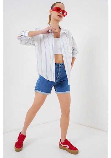 Kadın Çizgili Oversize Gömlek 20278 - Beyaz Beyaz